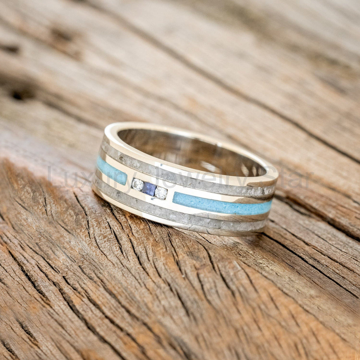 "Rio" - Genuine Blue Sapphire, Diamonds, Turquoise & Moonstone Wedding Band - 14K White - image 3