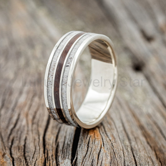 "Rio" - Ironwood & Antler Wedding Band - 14K White Gold (8mm) - Size 11 3/4