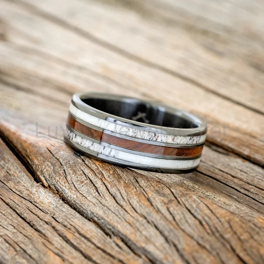 "Rio" - Ironwood & Antler Wedding Ring - Black Zirconium - Size 8 - image 3