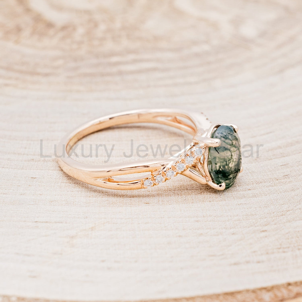 "Roslyn" - Oval Cut Moss Agate Engagement Ring With Diamond Accents - image 3