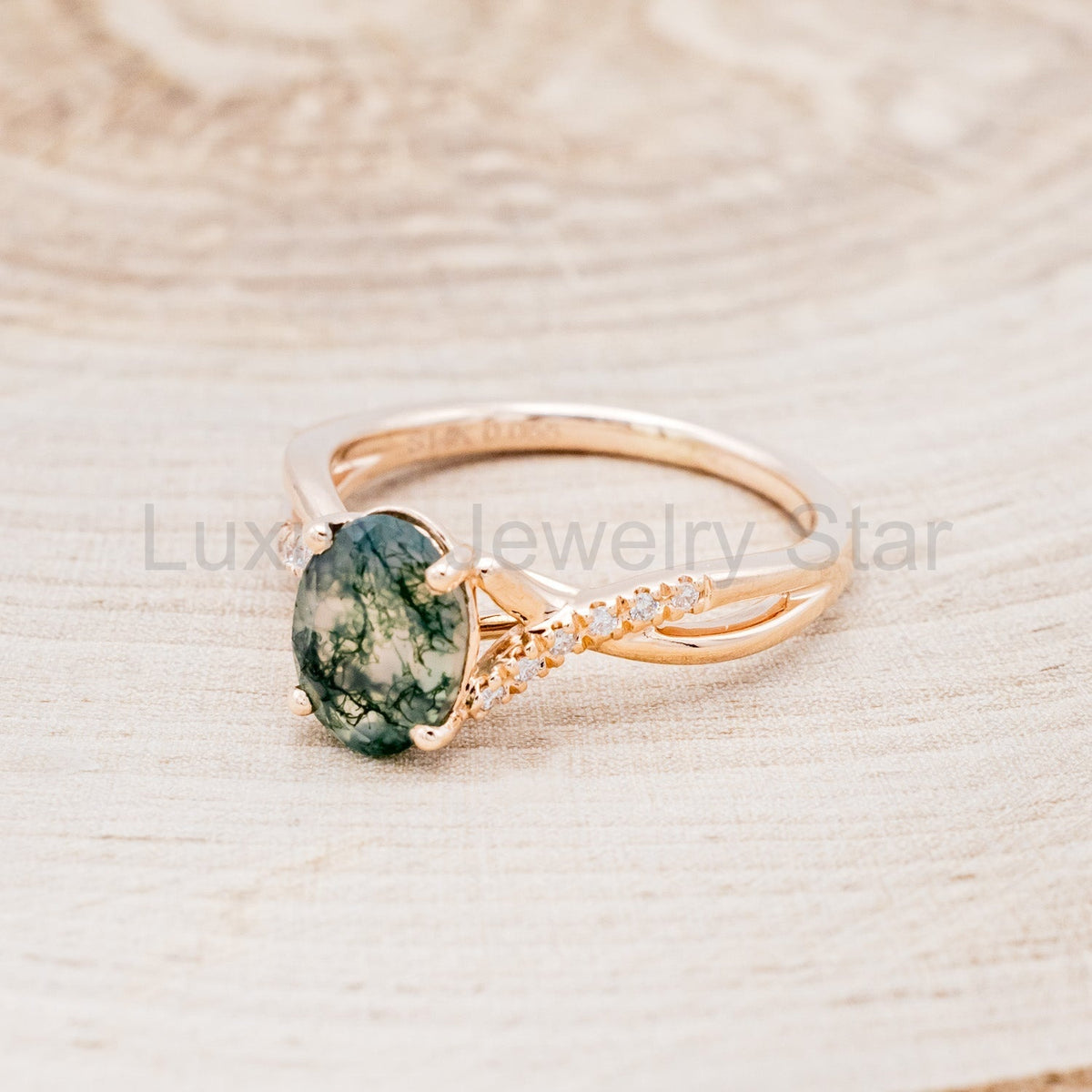 "Roslyn" - Oval Cut Moss Agate Engagement Ring With Diamond Accents - image 4