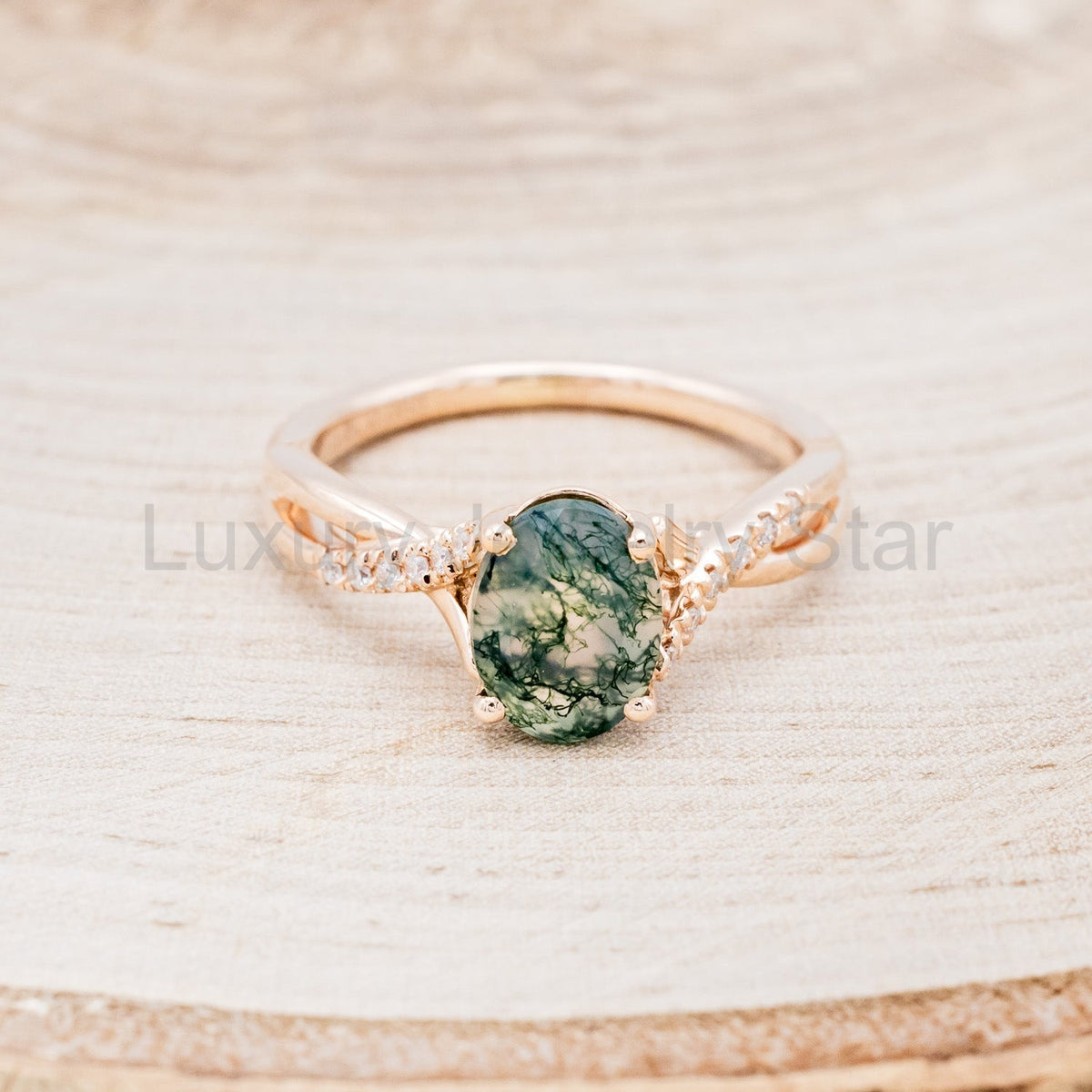 "Roslyn" - Oval Cut Moss Agate Engagement Ring With Diamond Accents - image 5