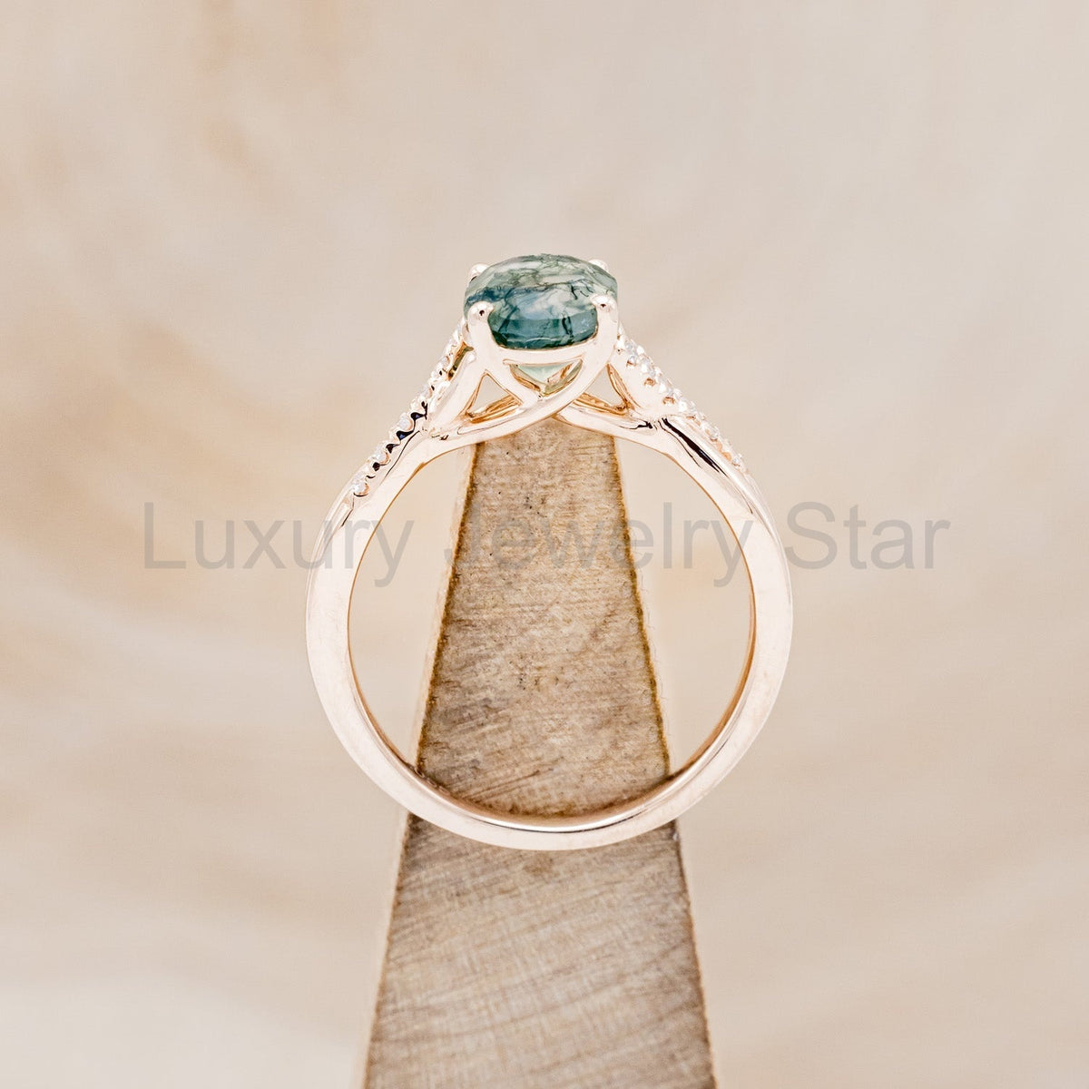 "Roslyn" - Oval Cut Moss Agate Engagement Ring With Diamond Accents - image 6
