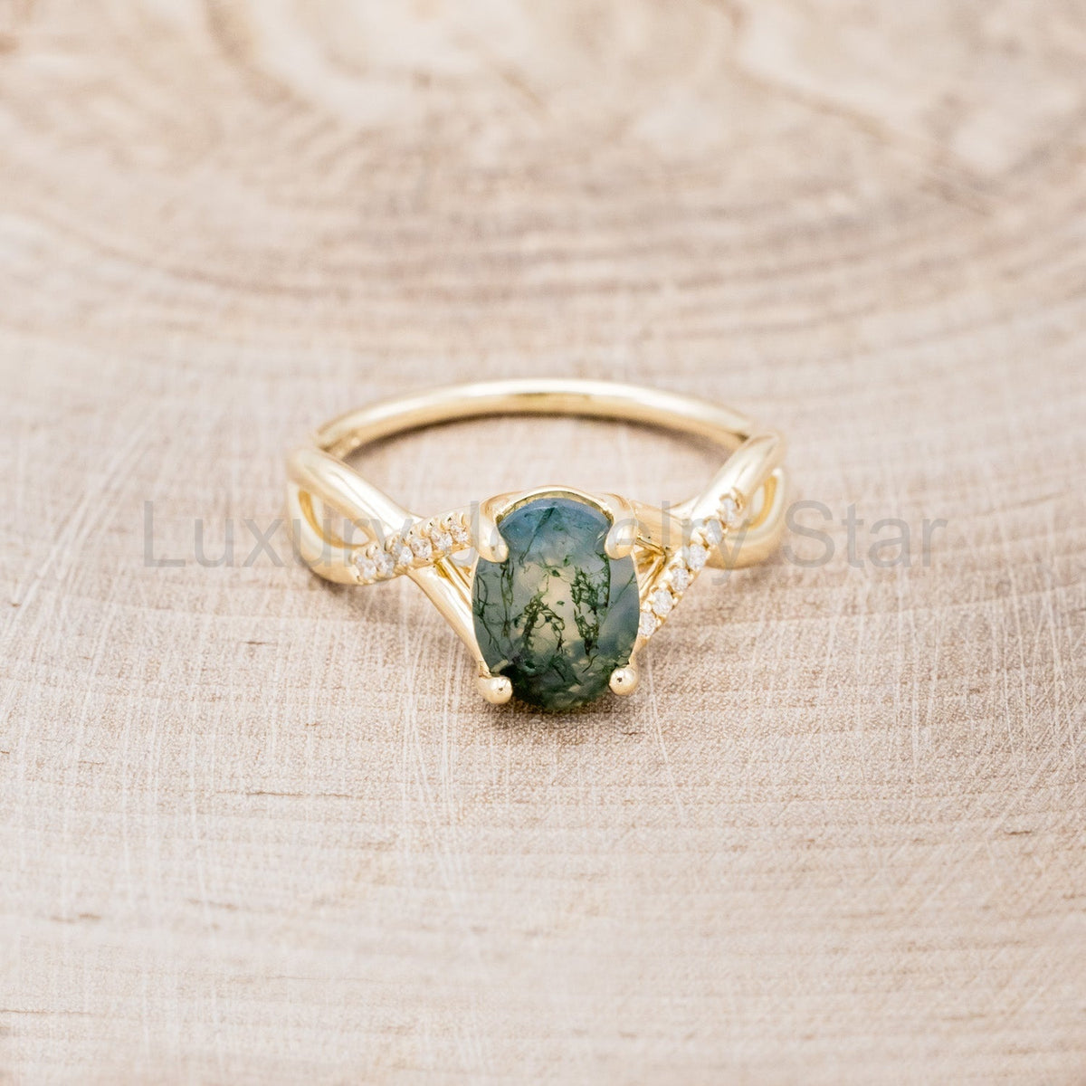 "Roslyn" - Oval Cut Moss Agate Engagement Ring With Diamond Accents - image 9