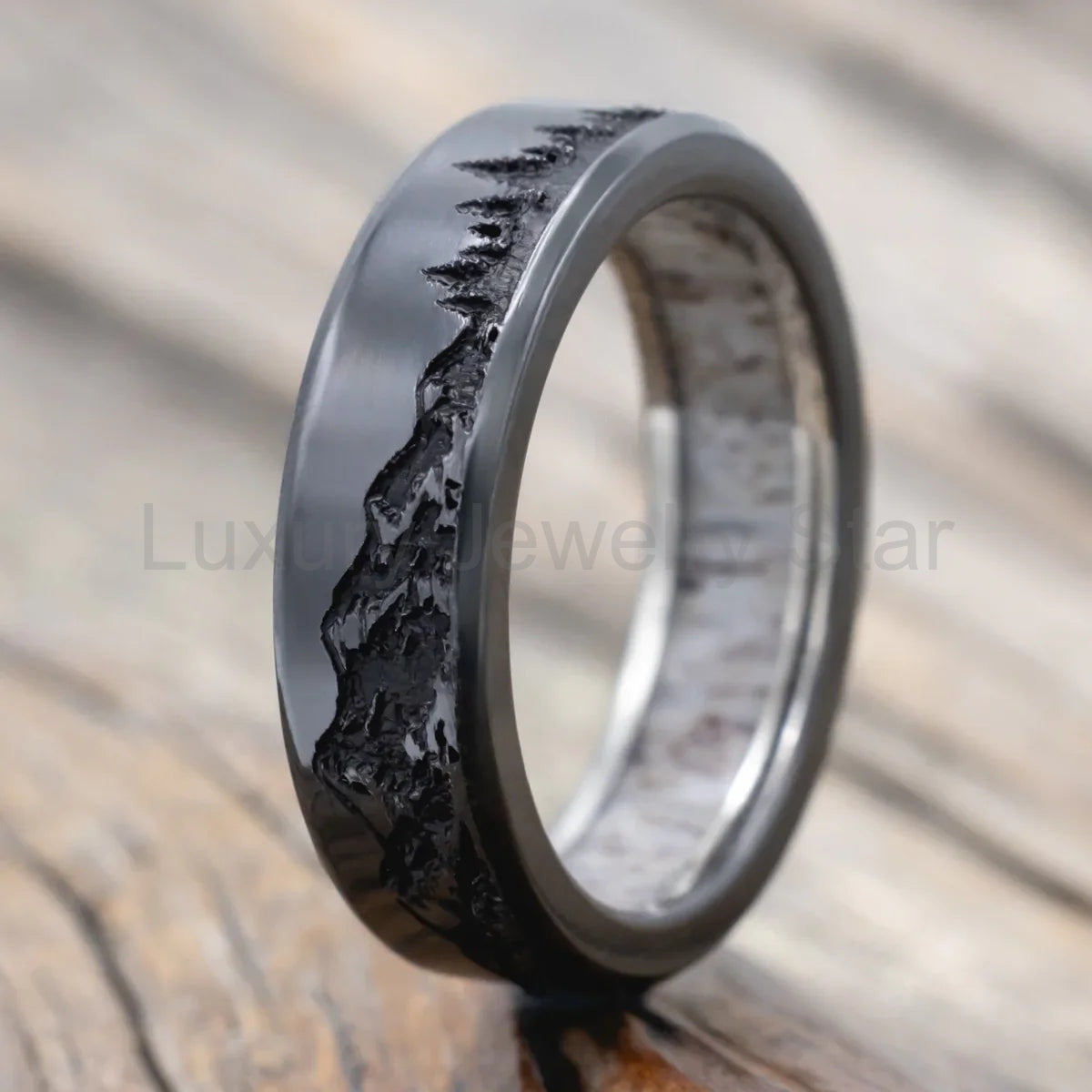 "Ross" - Mountain & Forest Engraved Wedding Band With Antler Lining - Black Zirconium - image 2