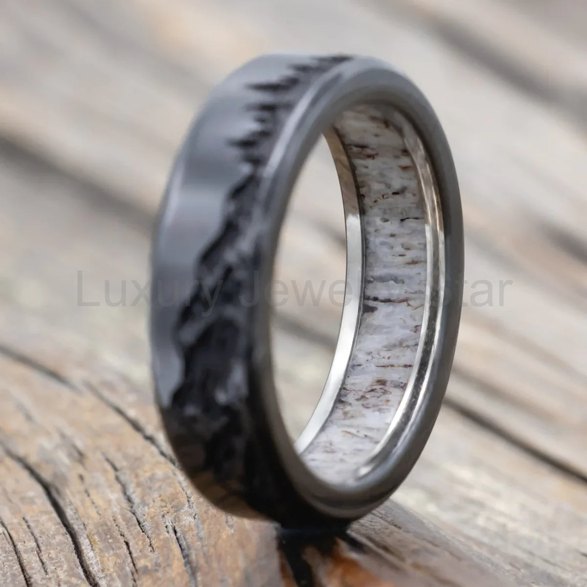 "Ross" - Mountain & Forest Engraved Wedding Band With Antler Lining - Black Zirconium - image 3