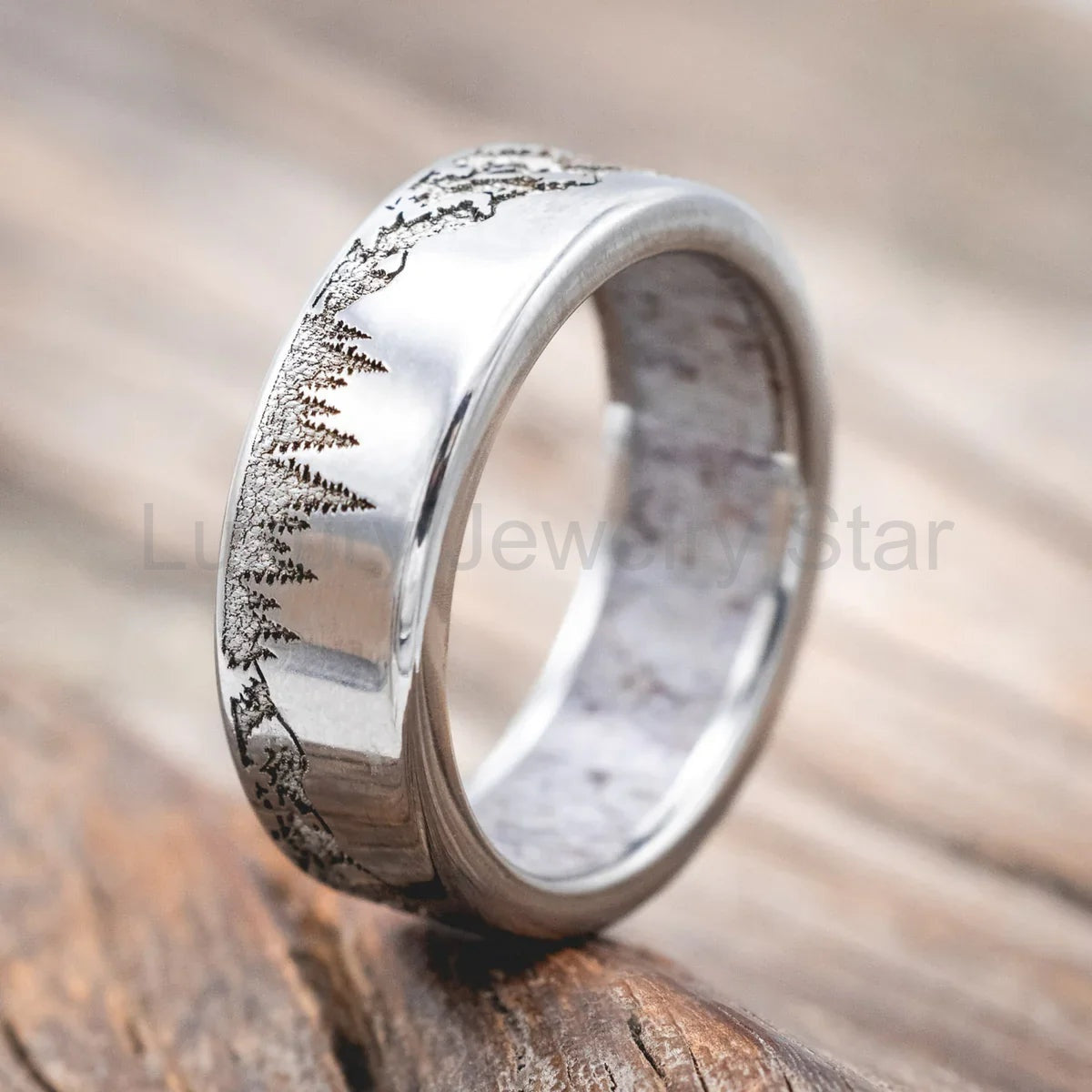 "Ross" - Mountain & Forest Engraved Wedding Band With Antler Lining - Titanium (8mm) - image 2