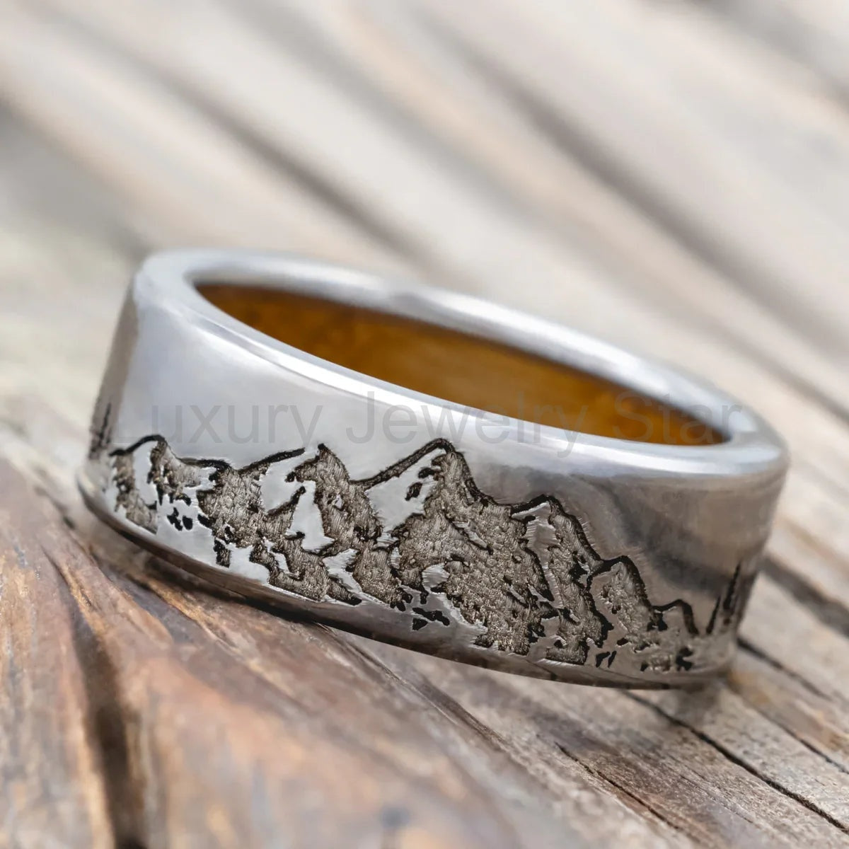 "Ross" - Mountain & Forest Engraved Wedding Band With Whiskey Barrel Lining - Titanium (8mm) - Size