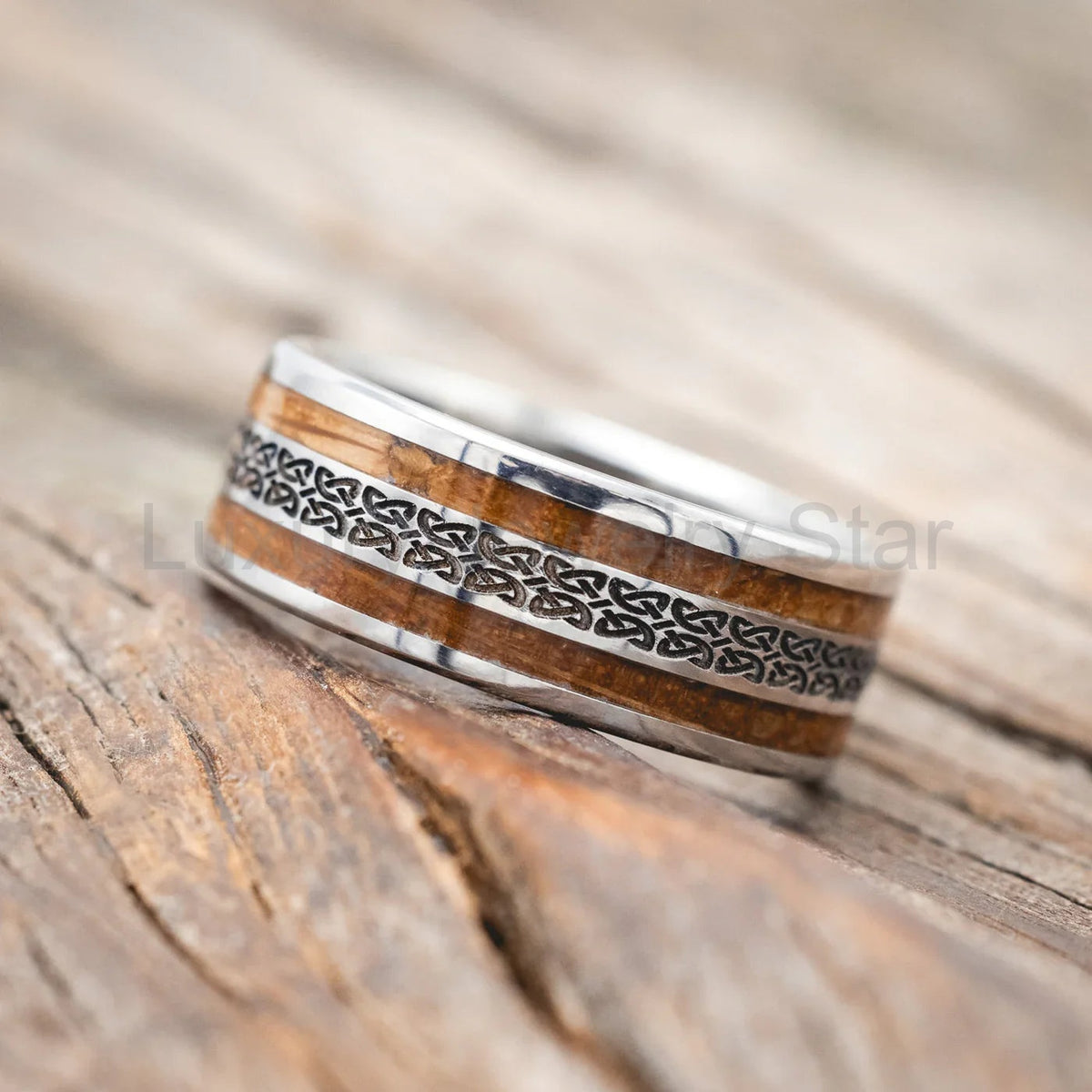 "Ryder" - Celtic Love Knot Engraved Whiskey Barrel Oak Wedding Ring - Titanium (8mm) - image 2