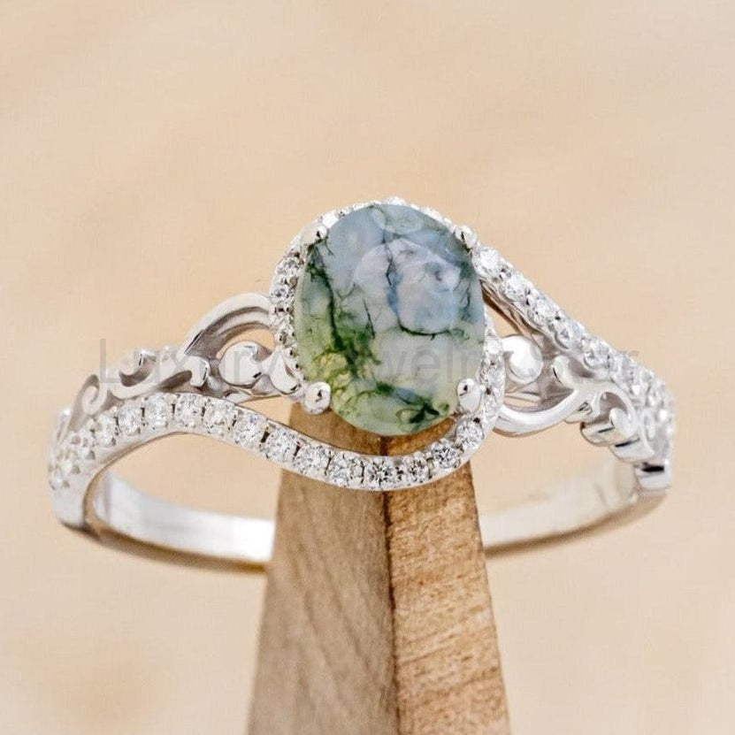 "Scarlet" - Oval Cut Moss Agate Engagement Ring With Diamond Accents