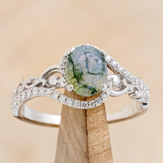 "Scarlet" - Oval Cut Moss Agate Engagement Ring With Diamond Accents