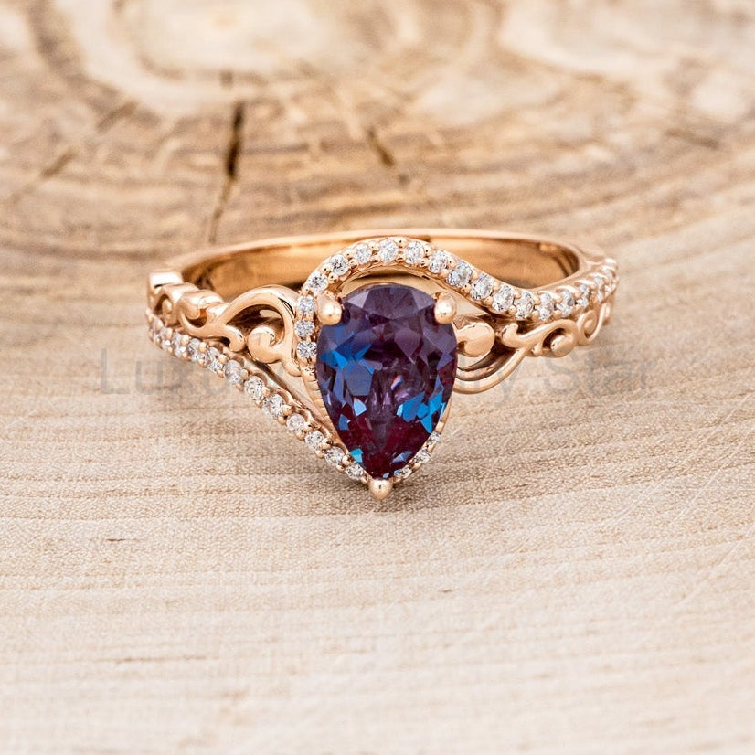 "Scarlet" - Pear Cut Lab-Grown Alexandrite Engagement Ring With Diamond Accents - image 5