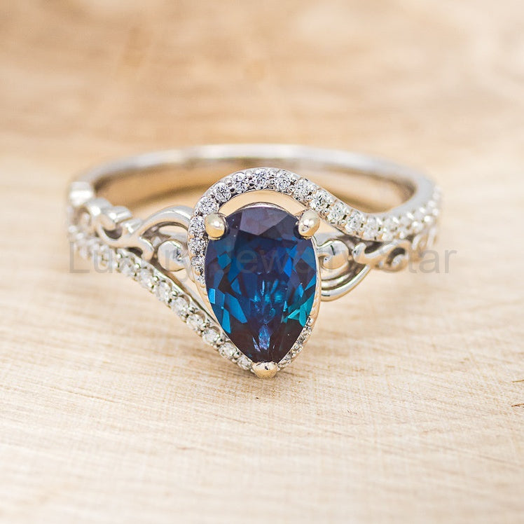"Scarlet" - Pear Cut Lab-Grown Alexandrite Engagement Ring With Diamond Accents - image 7