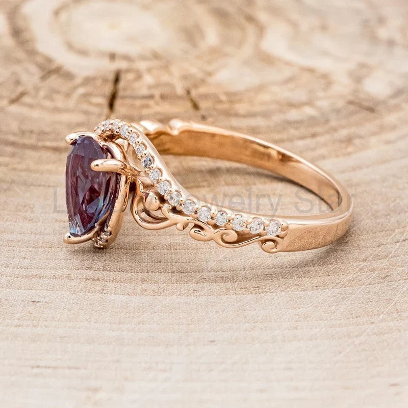 "Scarlet" - Pear Cut Lab-Grown Alexandrite Engagement Ring With Diamond Accents - 14K Rose - image 4