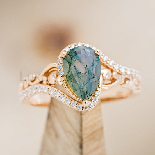 "Scarlet" - Pear Cut Moss Agate Engagement Ring With Diamond Accents