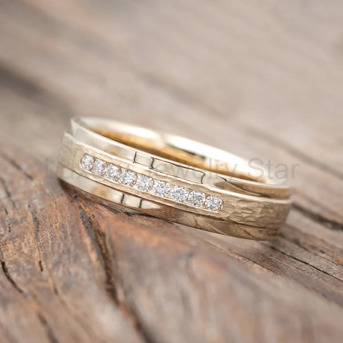 "Sedona" - Wedding Ring With Diamonds And A Raised, Hammered Center - 14K Yellow Gold - image 2