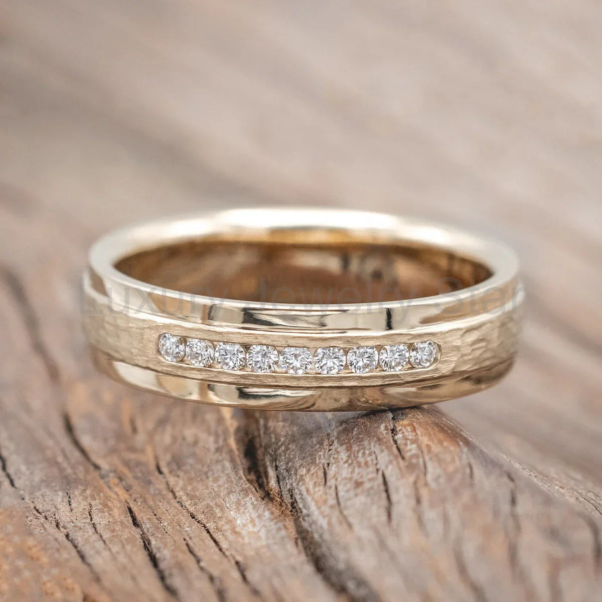 "Sedona" - Wedding Ring With Diamonds And A Raised, Hammered Center - 14K Yellow Gold - image 3