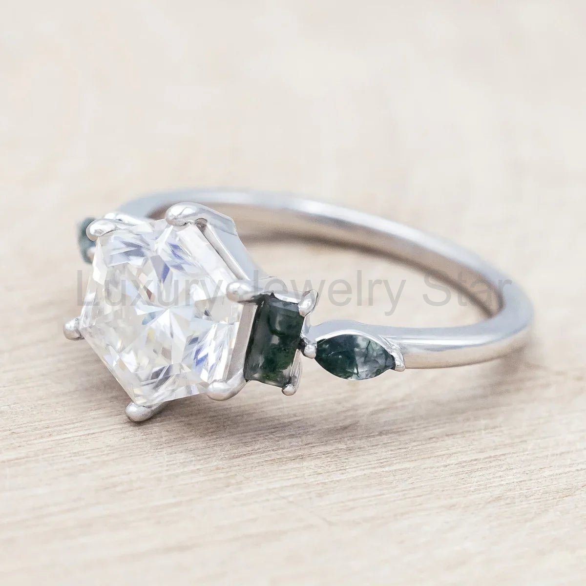 "Sitala" - Hexagon Cut Moissanite Engagement Ring With Moss Agate Accents - 14K White Gold - image 3