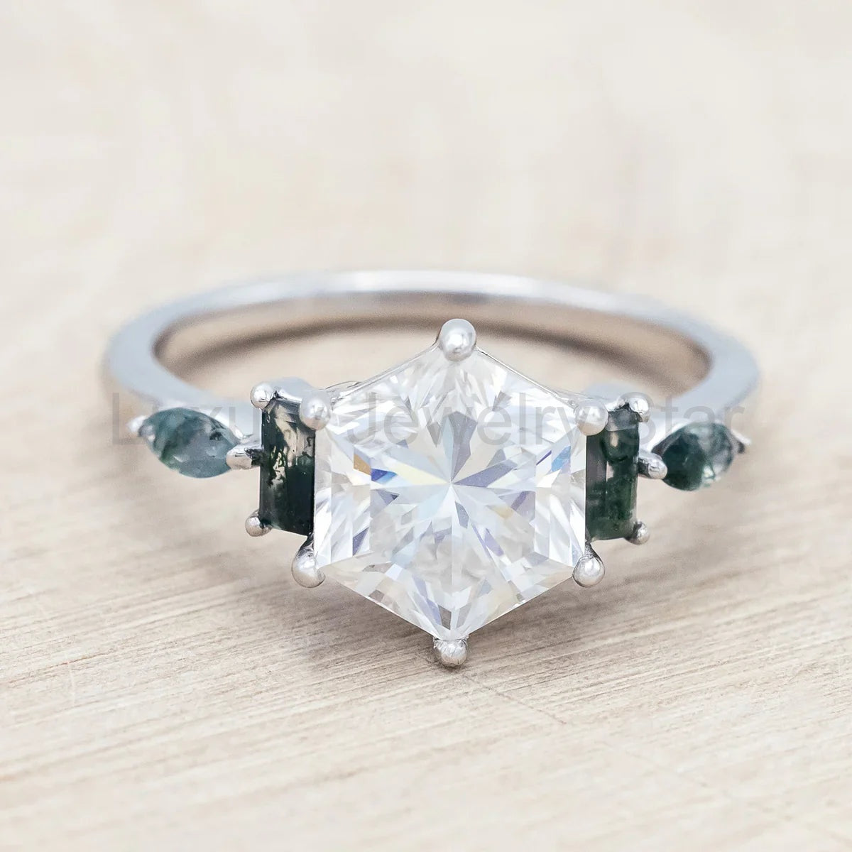 "Sitala" - Hexagon Cut Moissanite Engagement Ring With Moss Agate Accents - 14K White Gold - image 5