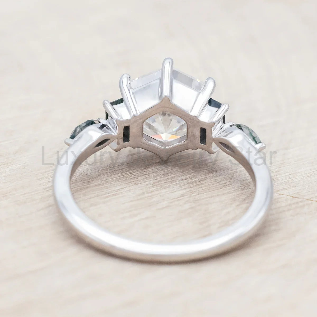 "Sitala" - Hexagon Cut Moissanite Engagement Ring With Moss Agate Accents - 14K White Gold - image 6
