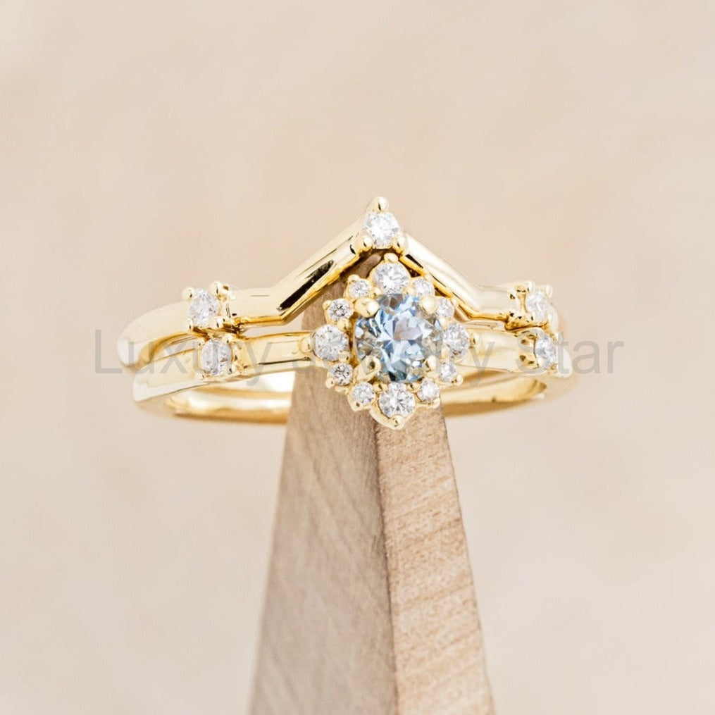 "Starla" - Aquamarine Engagement Ring With Starburst Diamond Halo & Contoured Tracer - image 11