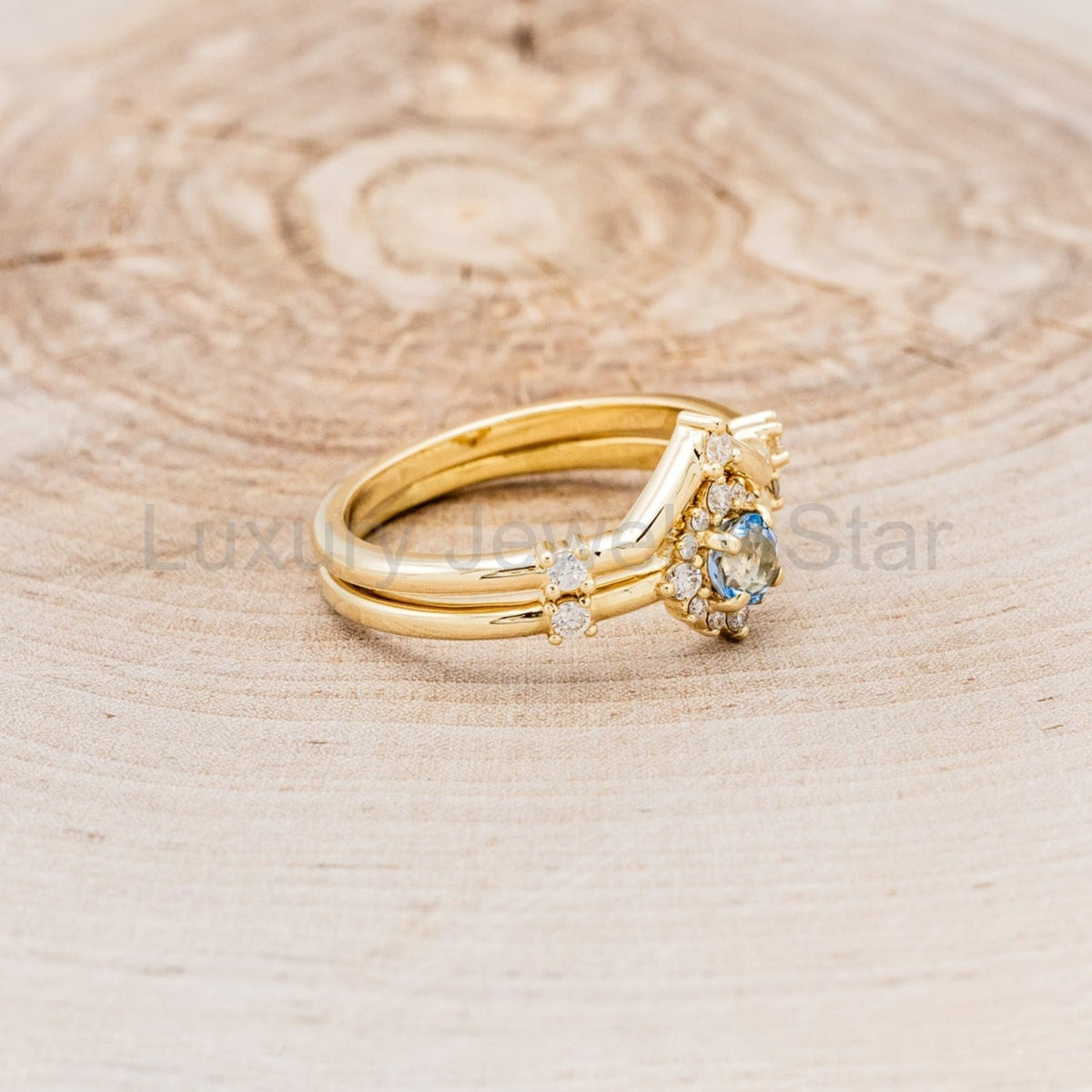"Starla" - Aquamarine Engagement Ring With Starburst Diamond Halo & Contoured Tracer - image 13