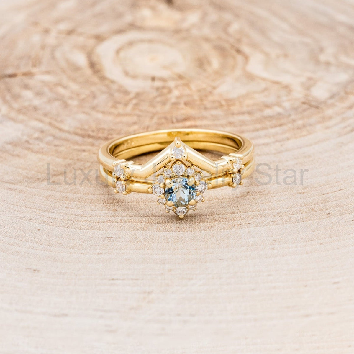 "Starla" - Aquamarine Engagement Ring With Starburst Diamond Halo & Contoured Tracer - image 15