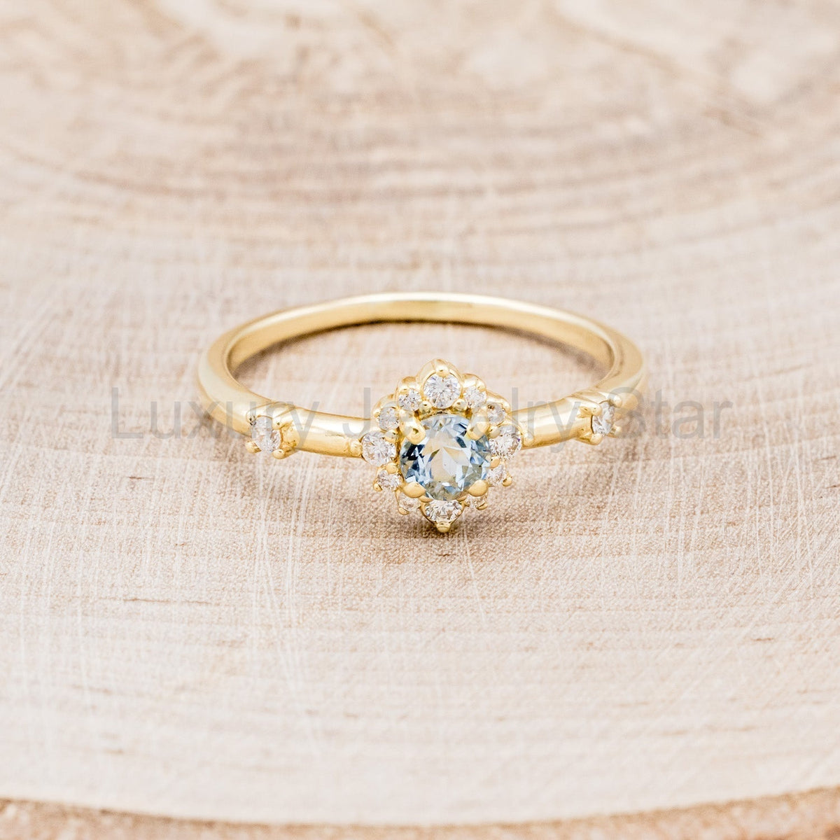 "Starla" - Aquamarine Engagement Ring With Starburst Diamond Halo & Contoured Tracer - image 16