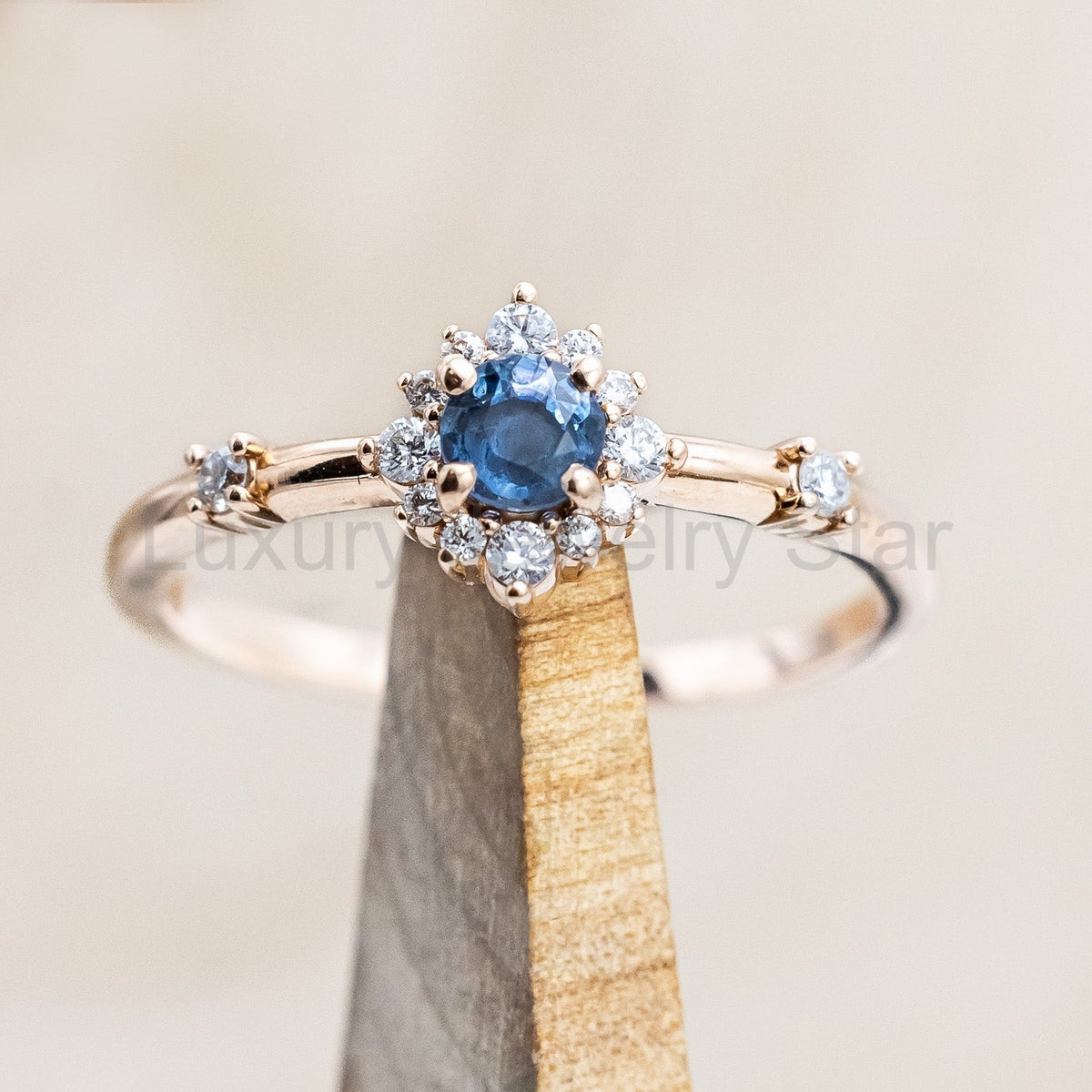 "Starla" - Aquamarine Engagement Ring With Starburst Diamond Halo & Contoured Tracer - image 2