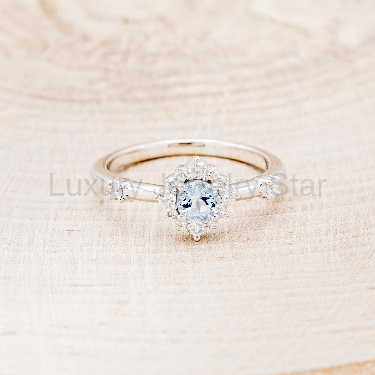 "Starla" - Aquamarine Engagement Ring With Starburst Diamond Halo & Contoured Tracer - image 20