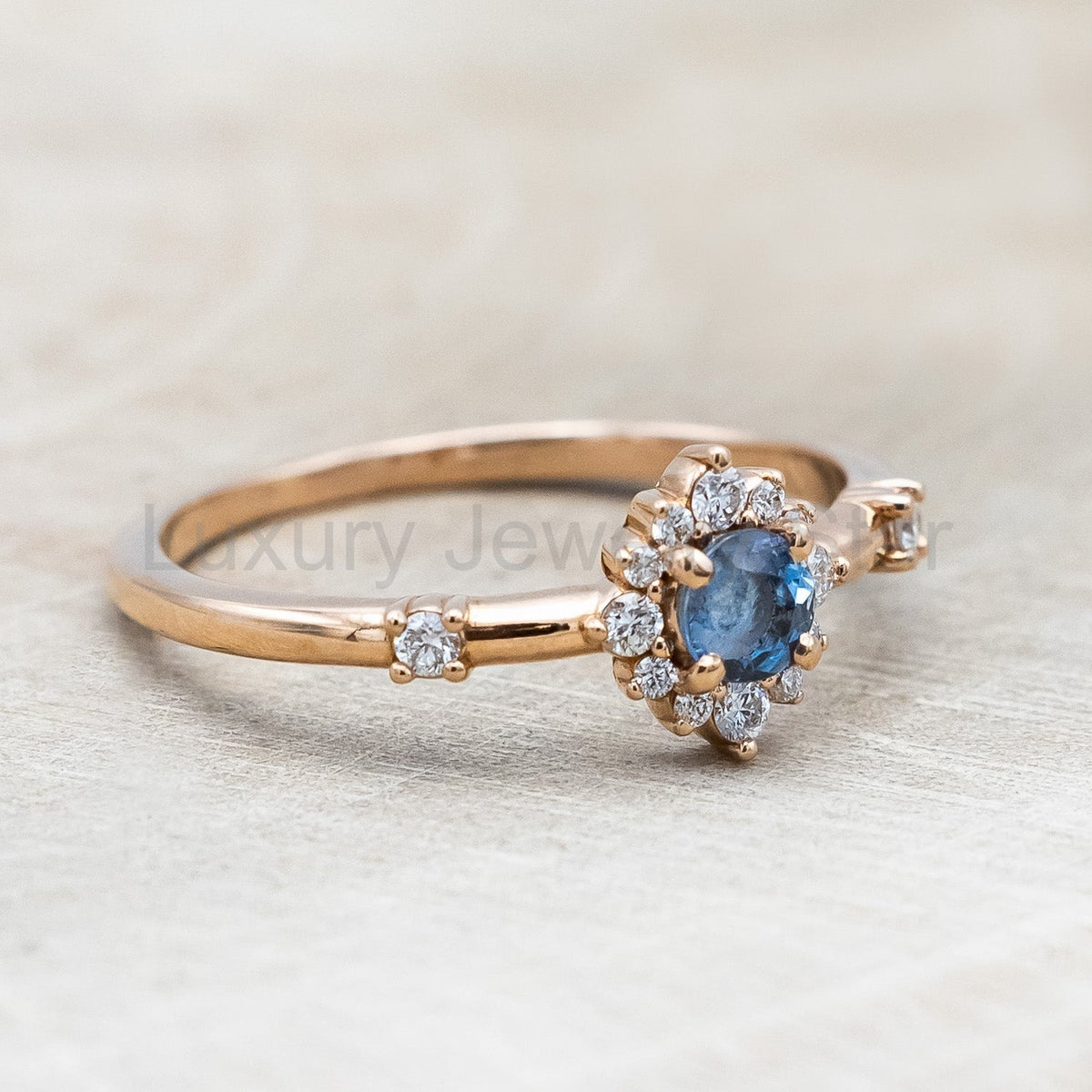 "Starla" - Aquamarine Engagement Ring With Starburst Diamond Halo & Contoured Tracer - image 8