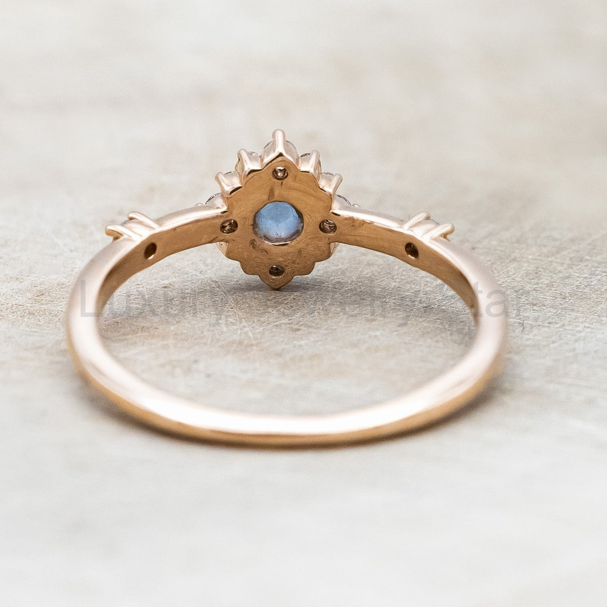 "Starla" - Aquamarine Engagement Ring With Starburst Diamond Halo & Contoured Tracer - image 9