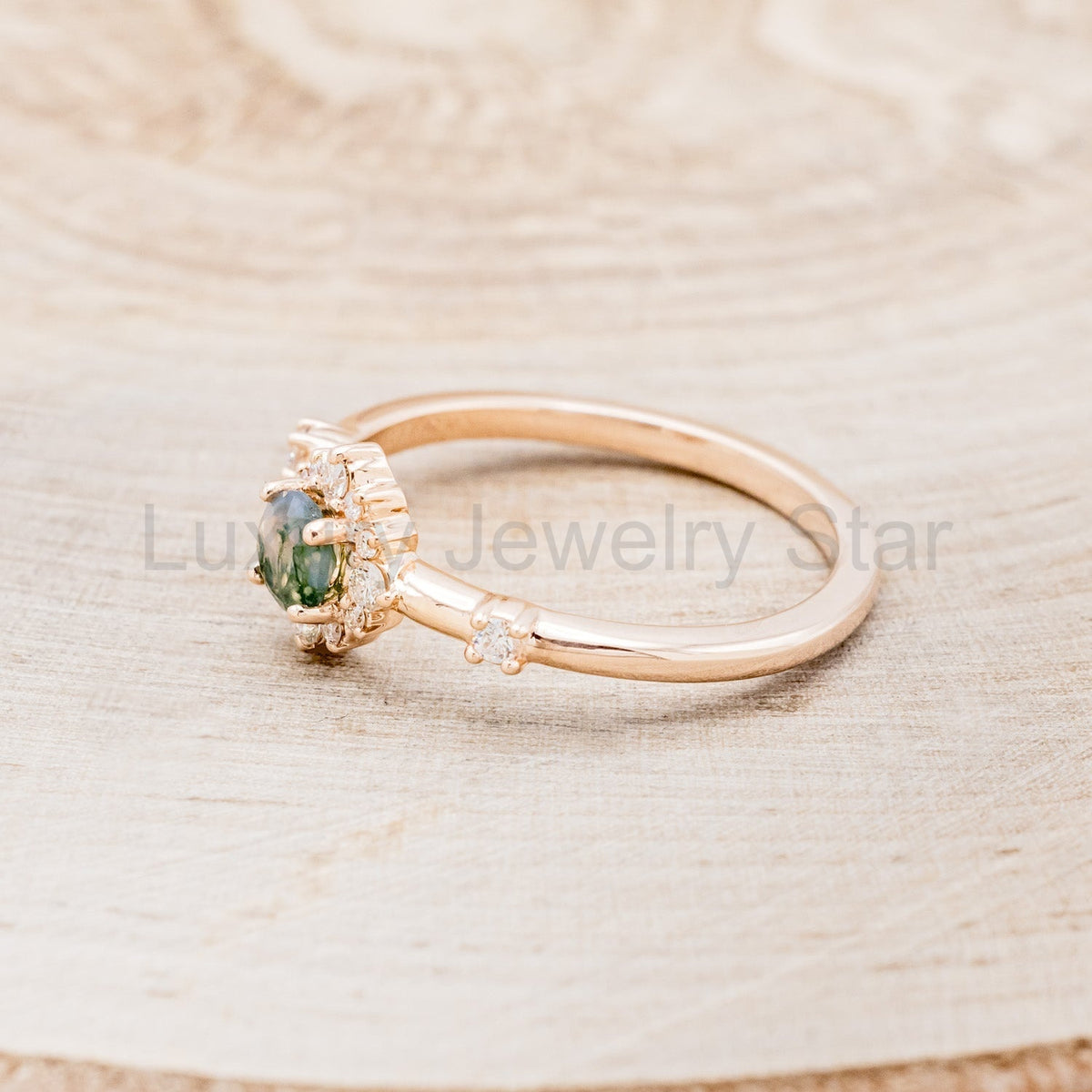 "Starla" - Moss Agate Engagement Ring With Starburst Diamond Halo - image 10