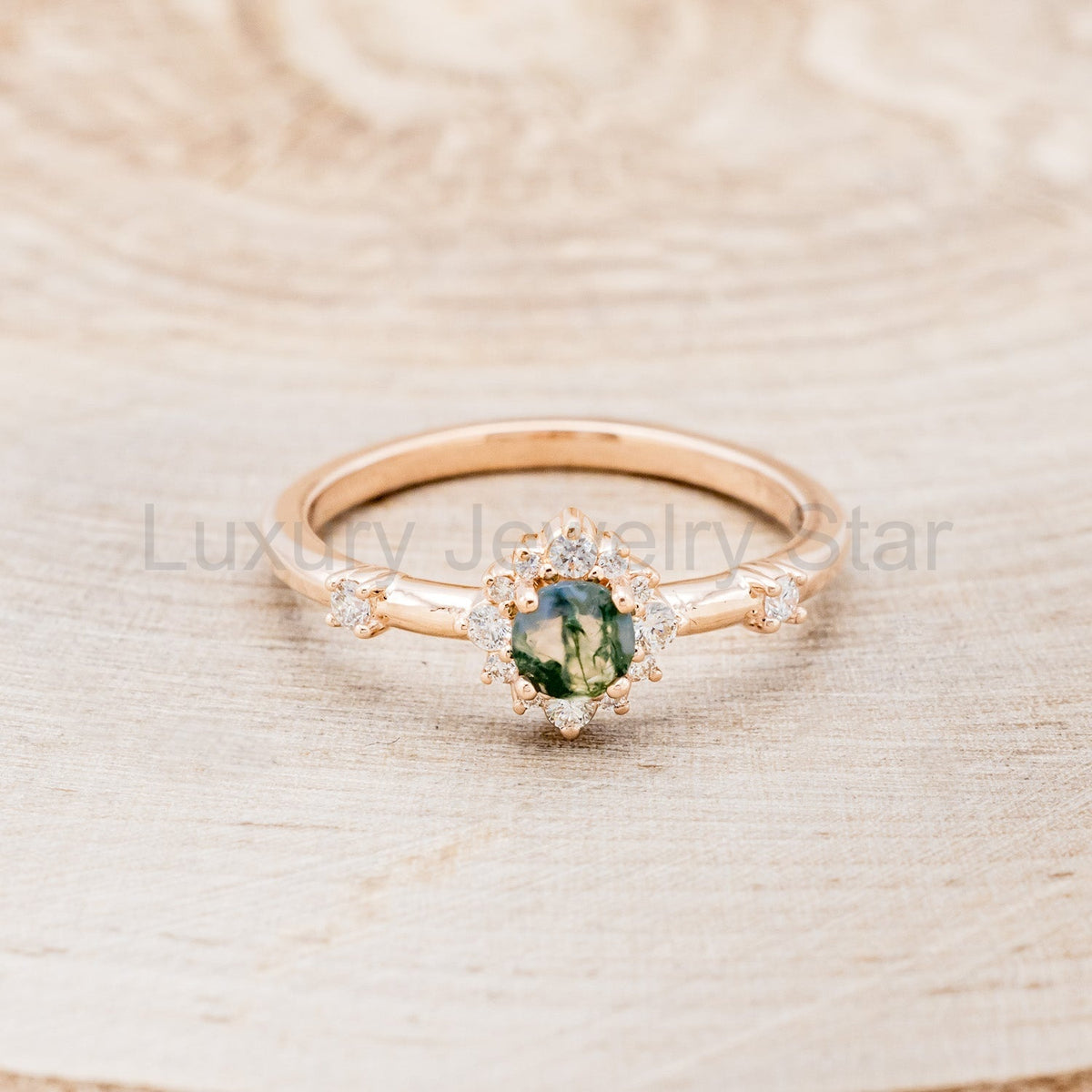 "Starla" - Moss Agate Engagement Ring With Starburst Diamond Halo - image 13