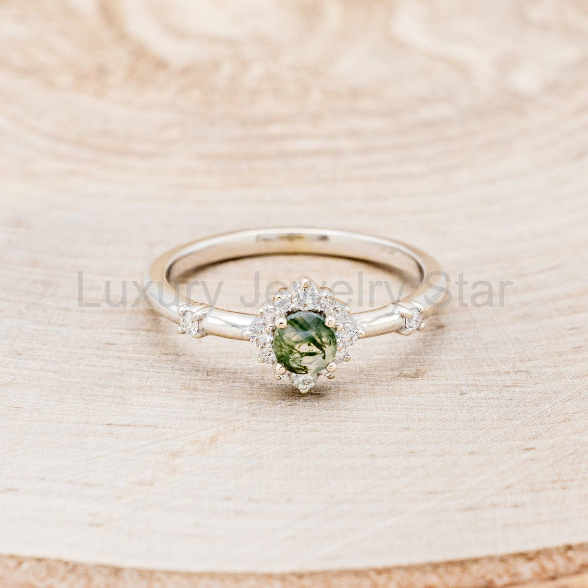 "Starla" - Moss Agate Engagement Ring With Starburst Diamond Halo - image 18