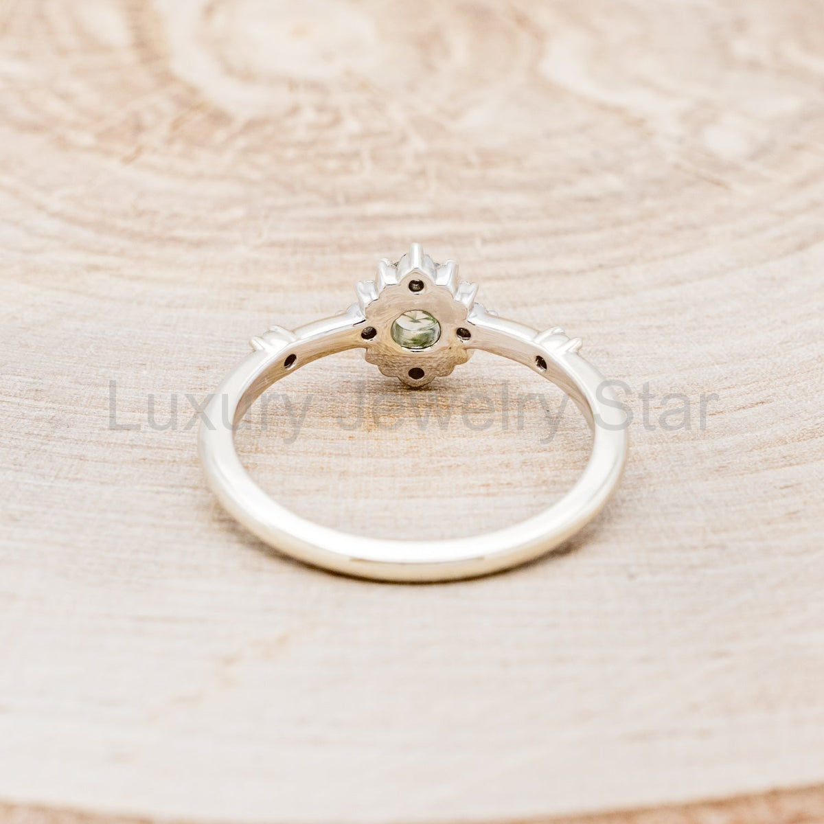 "Starla" - Moss Agate Engagement Ring With Starburst Diamond Halo - image 19