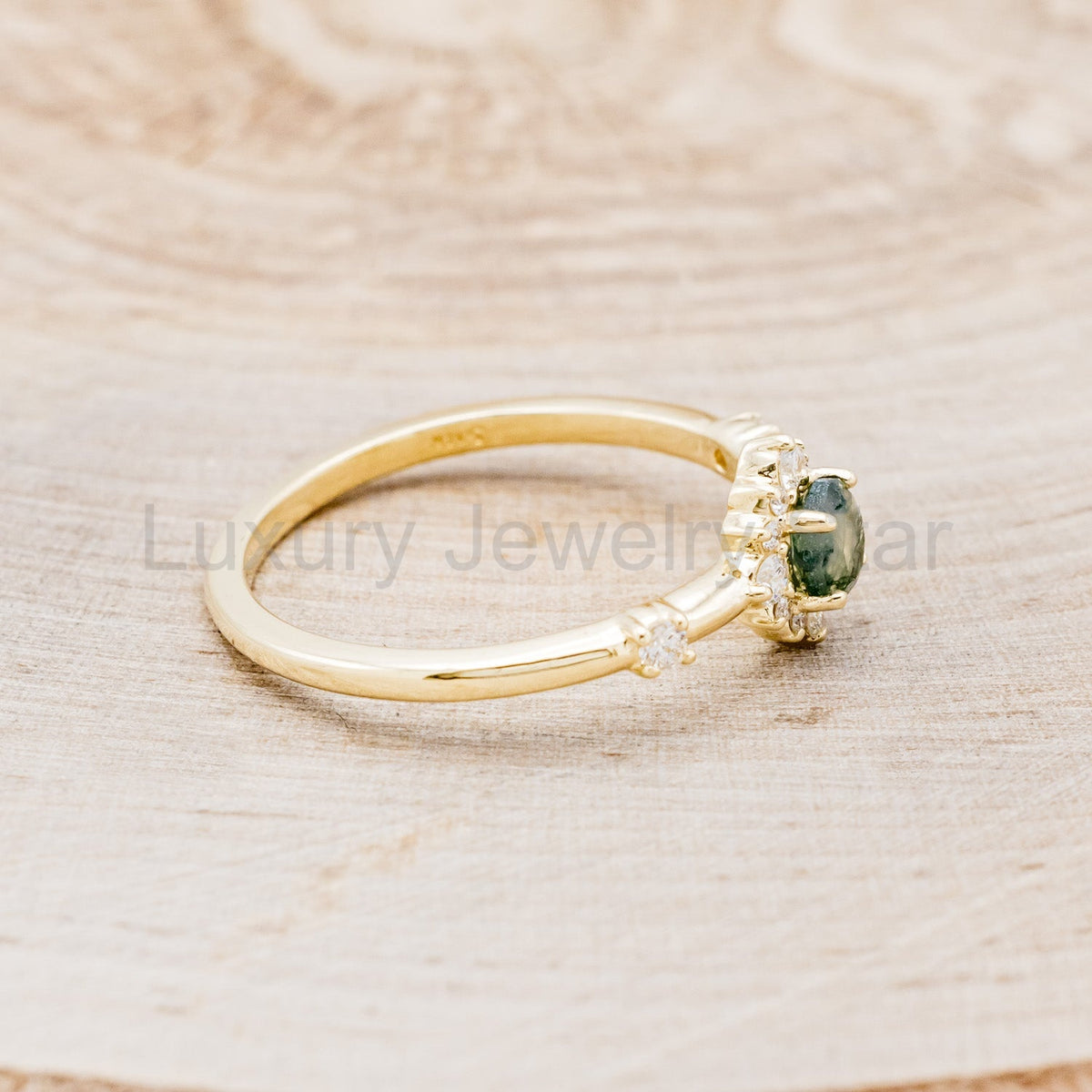 "Starla" - Moss Agate Engagement Ring With Starburst Diamond Halo - image 2