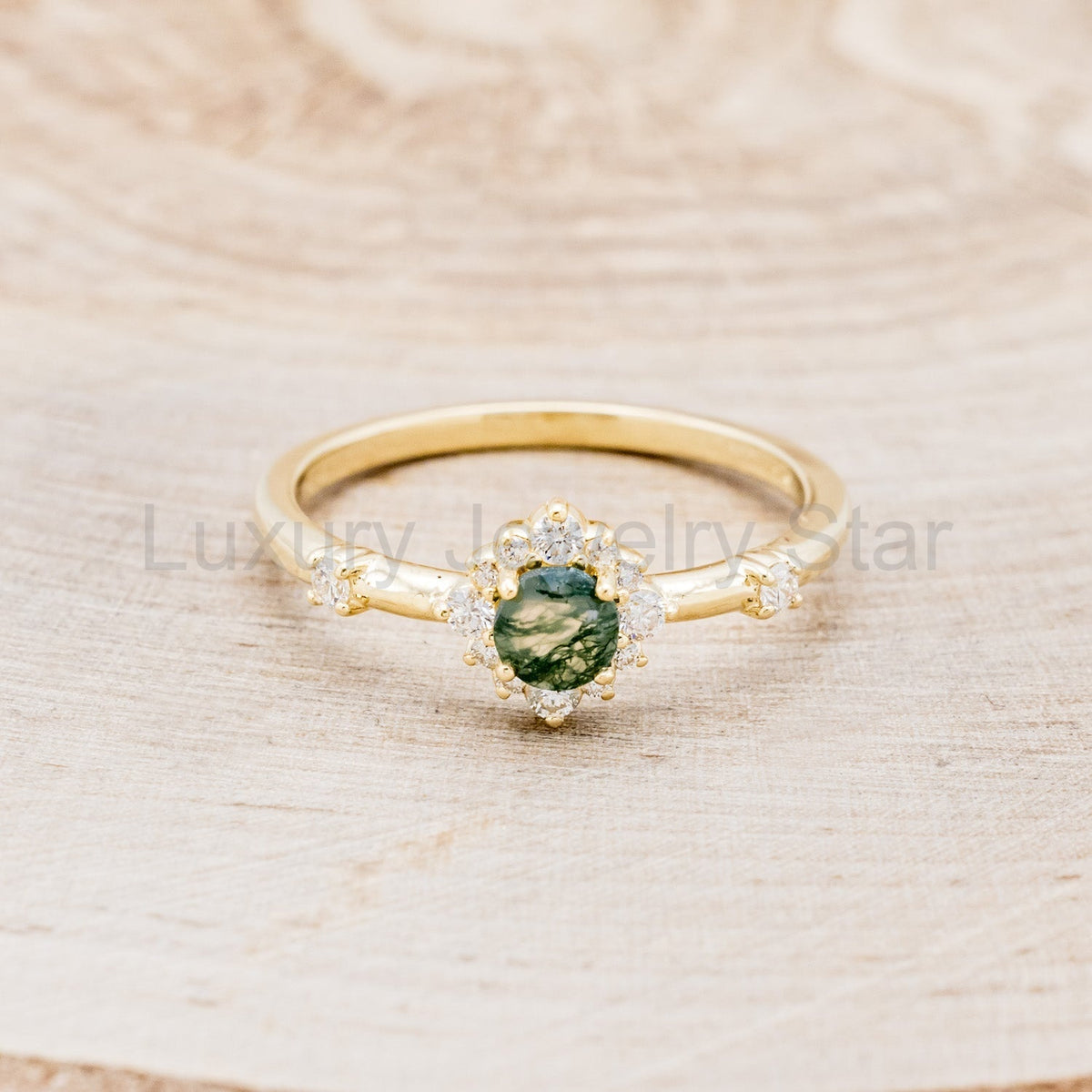 "Starla" - Moss Agate Engagement Ring With Starburst Diamond Halo - image 4