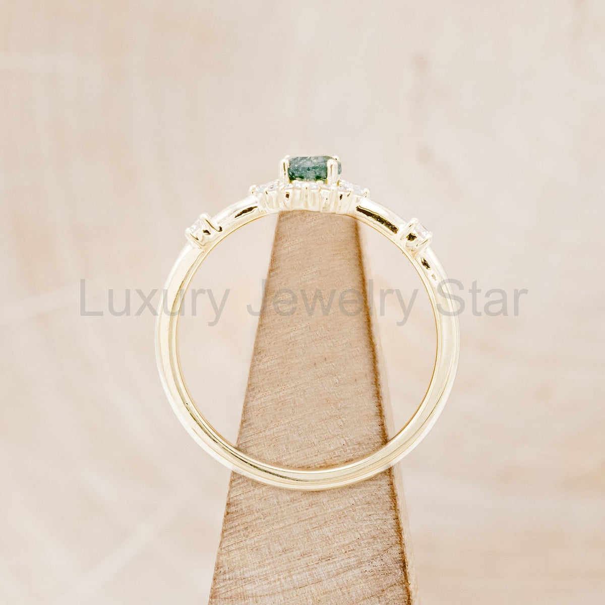 "Starla" - Moss Agate Engagement Ring With Starburst Diamond Halo - image 6