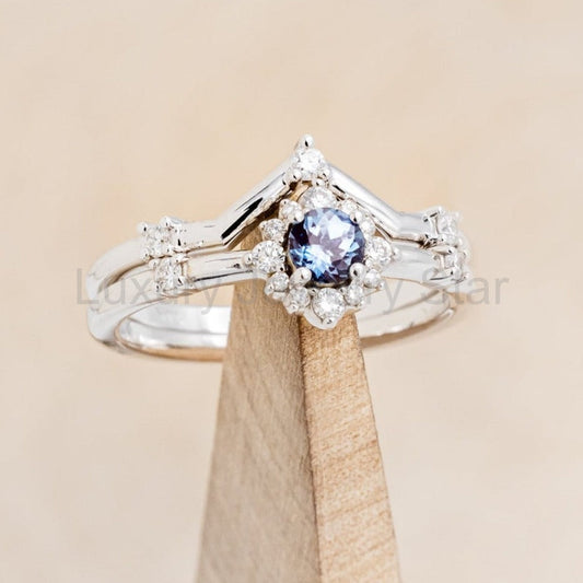 "Starla" - Round Cut Lab-Grown Alexandrite Engagement Ring With Starburst Diamond Halo