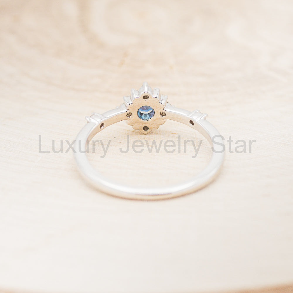 "Starla" - Round Cut Lab-Grown Alexandrite Engagement Ring With Starburst Diamond Halo - image 10