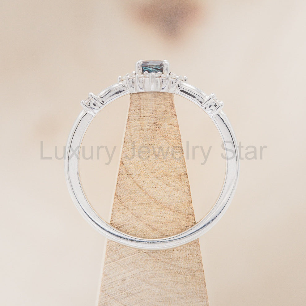 "Starla" - Round Cut Lab-Grown Alexandrite Engagement Ring With Starburst Diamond Halo - image 11
