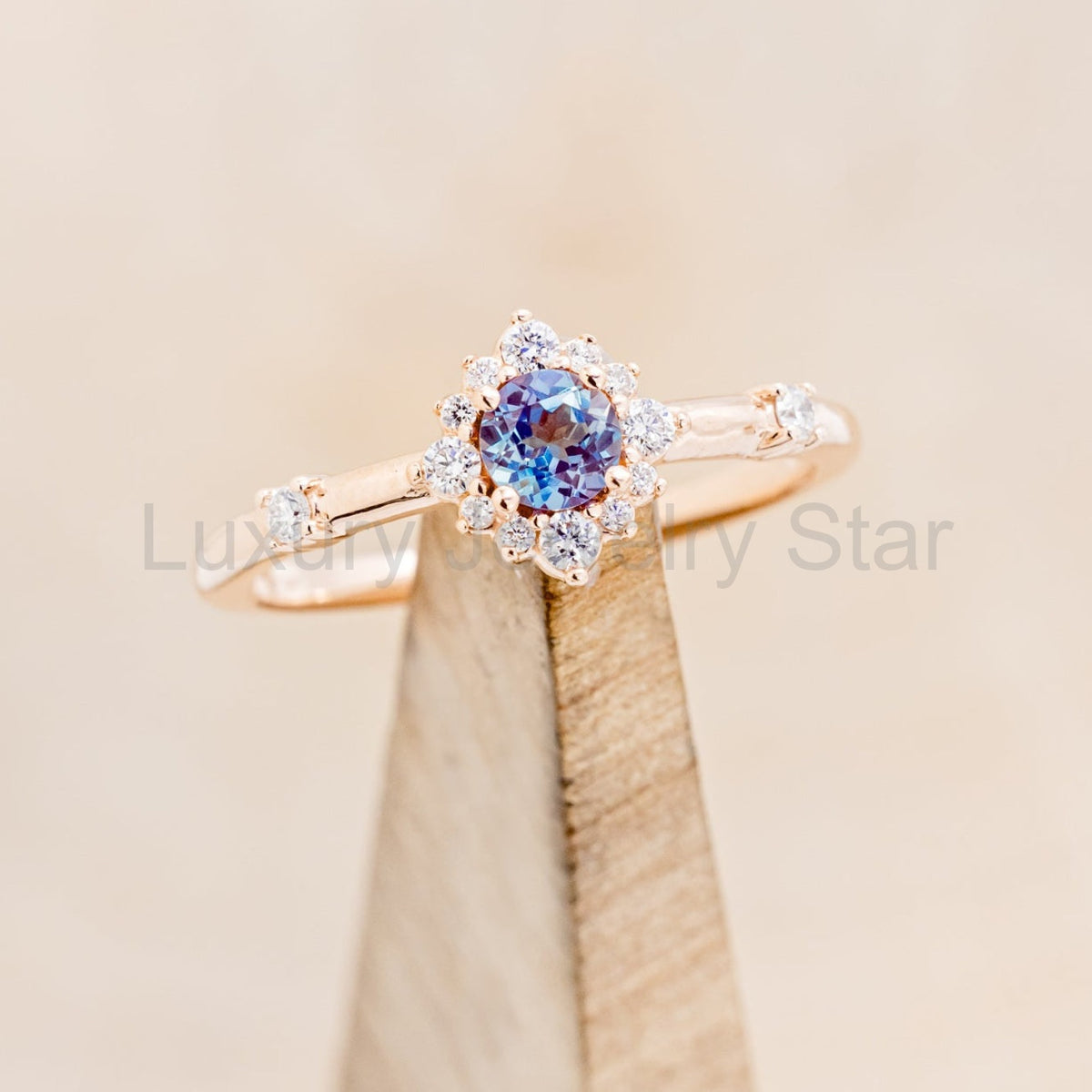 "Starla" - Round Cut Lab-Grown Alexandrite Engagement Ring With Starburst Diamond Halo - image 18