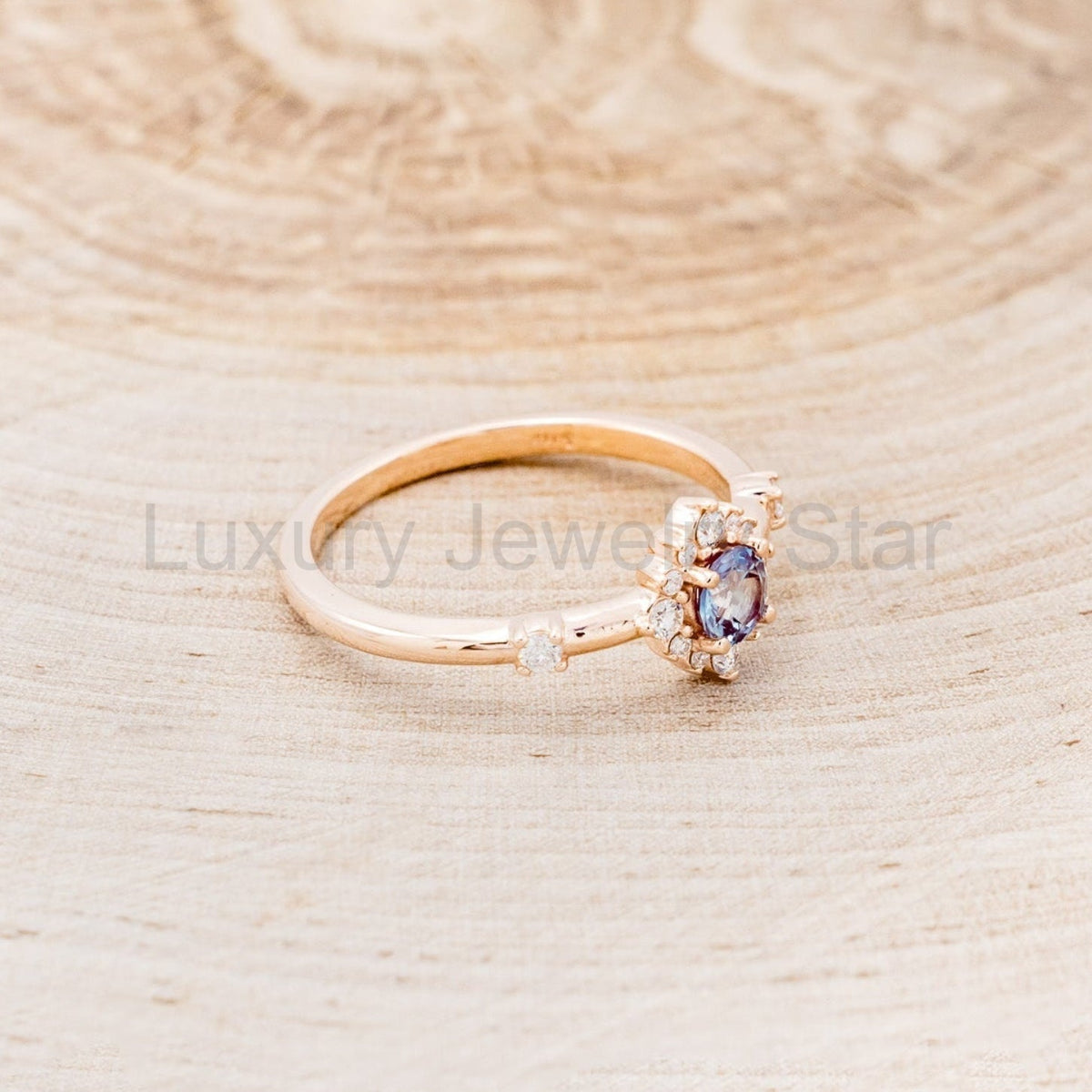 "Starla" - Round Cut Lab-Grown Alexandrite Engagement Ring With Starburst Diamond Halo - image 19