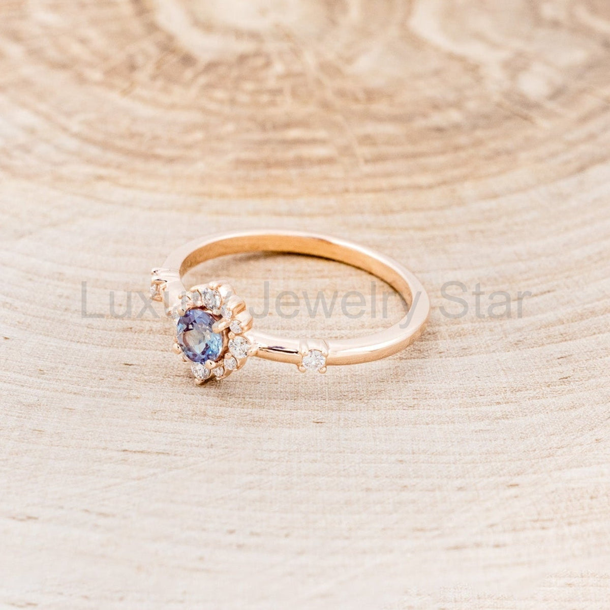 "Starla" - Round Cut Lab-Grown Alexandrite Engagement Ring With Starburst Diamond Halo - image 20