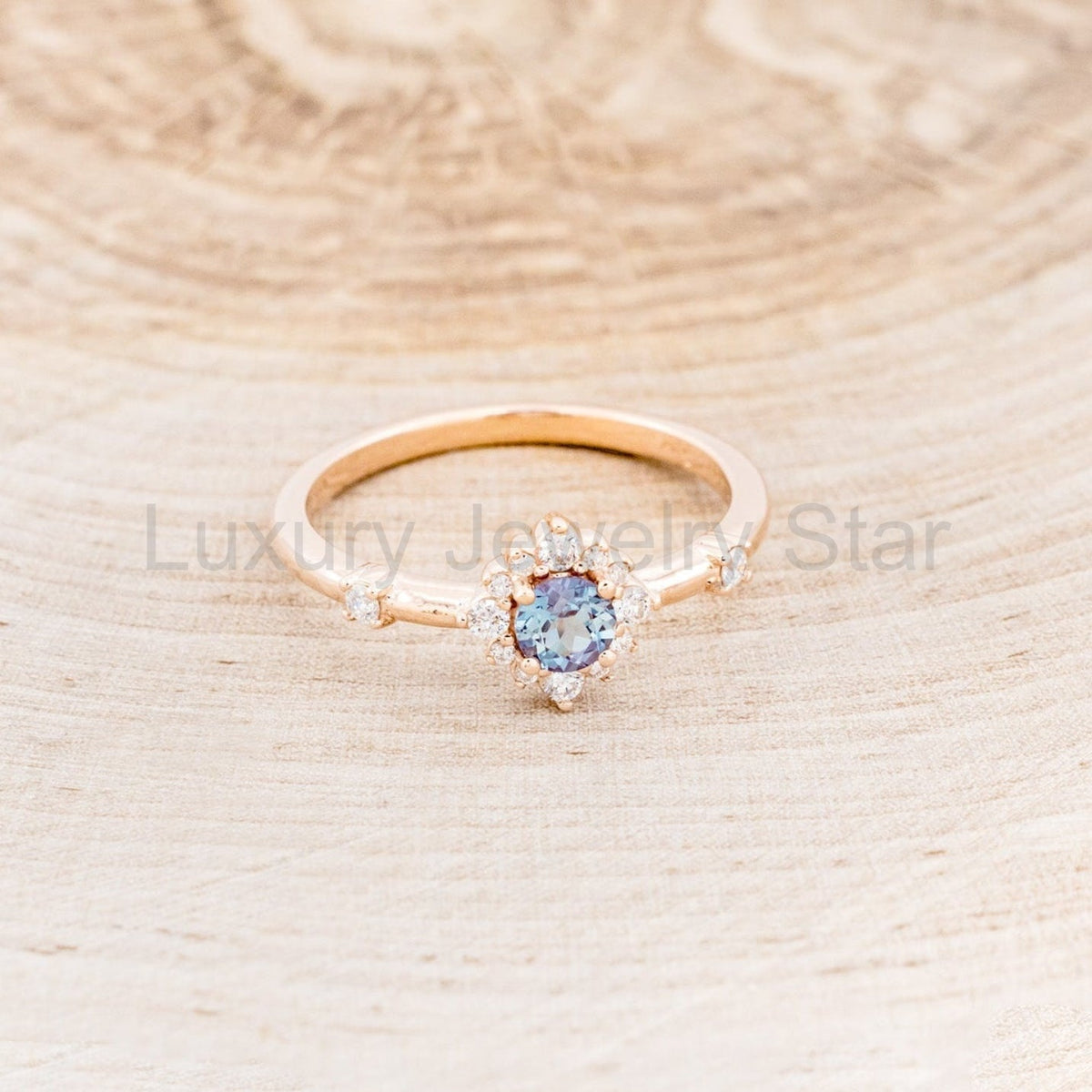"Starla" - Round Cut Lab-Grown Alexandrite Engagement Ring With Starburst Diamond Halo - image 21