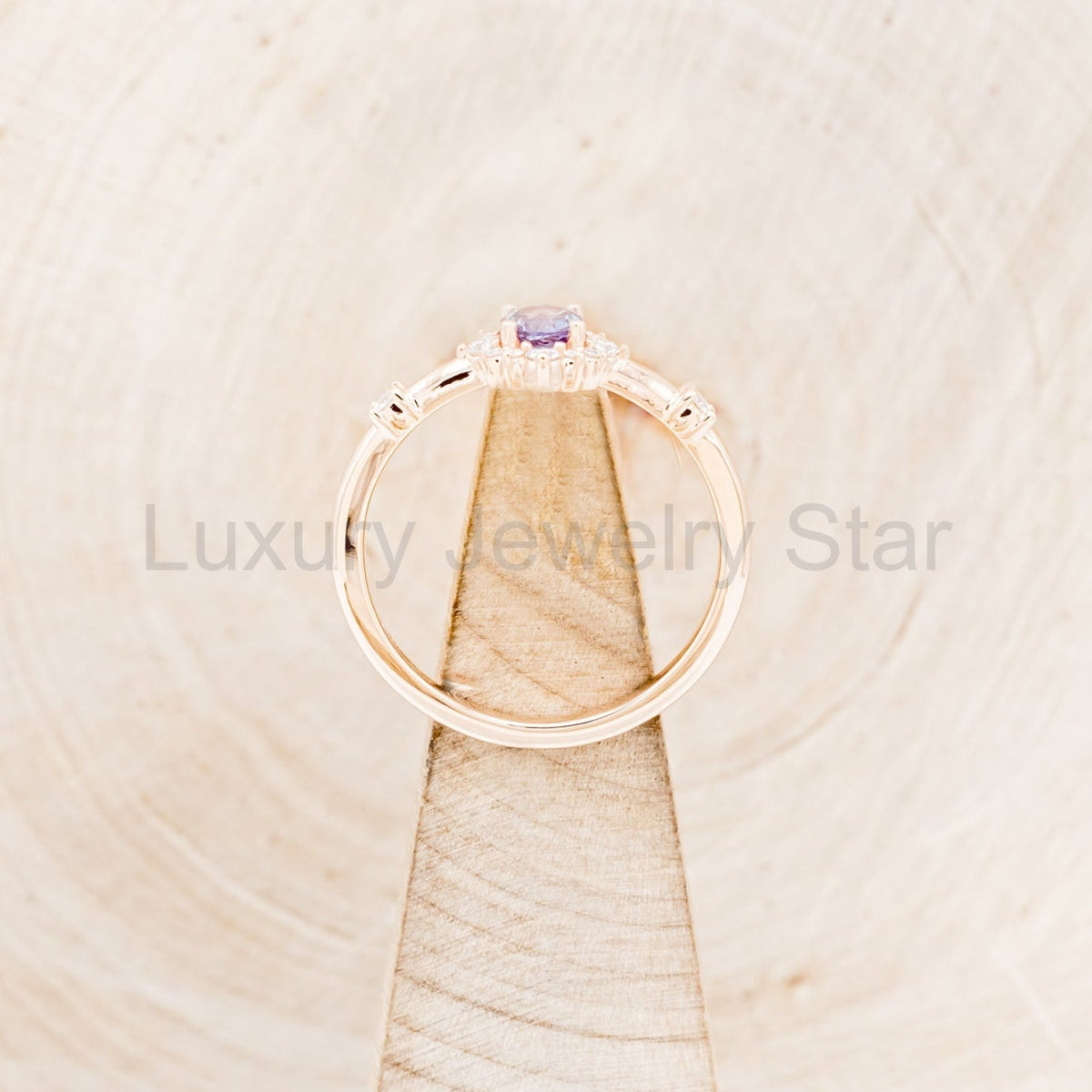 "Starla" - Round Cut Lab-Grown Alexandrite Engagement Ring With Starburst Diamond Halo - image 23