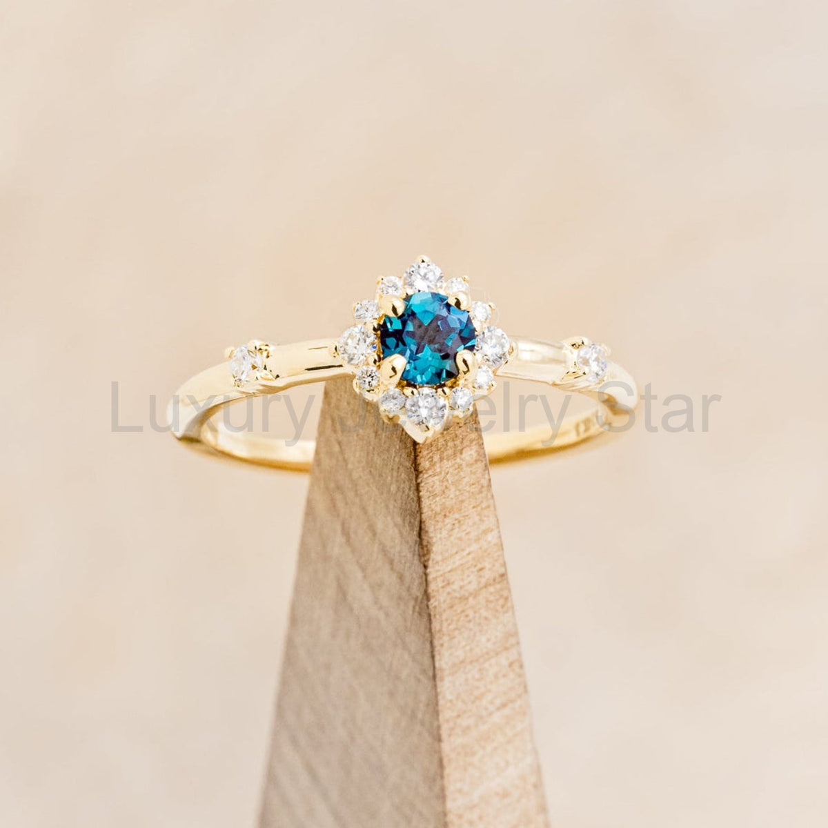 "Starla" - Round Cut Lab-Grown Alexandrite Engagement Ring With Starburst Diamond Halo - image 24