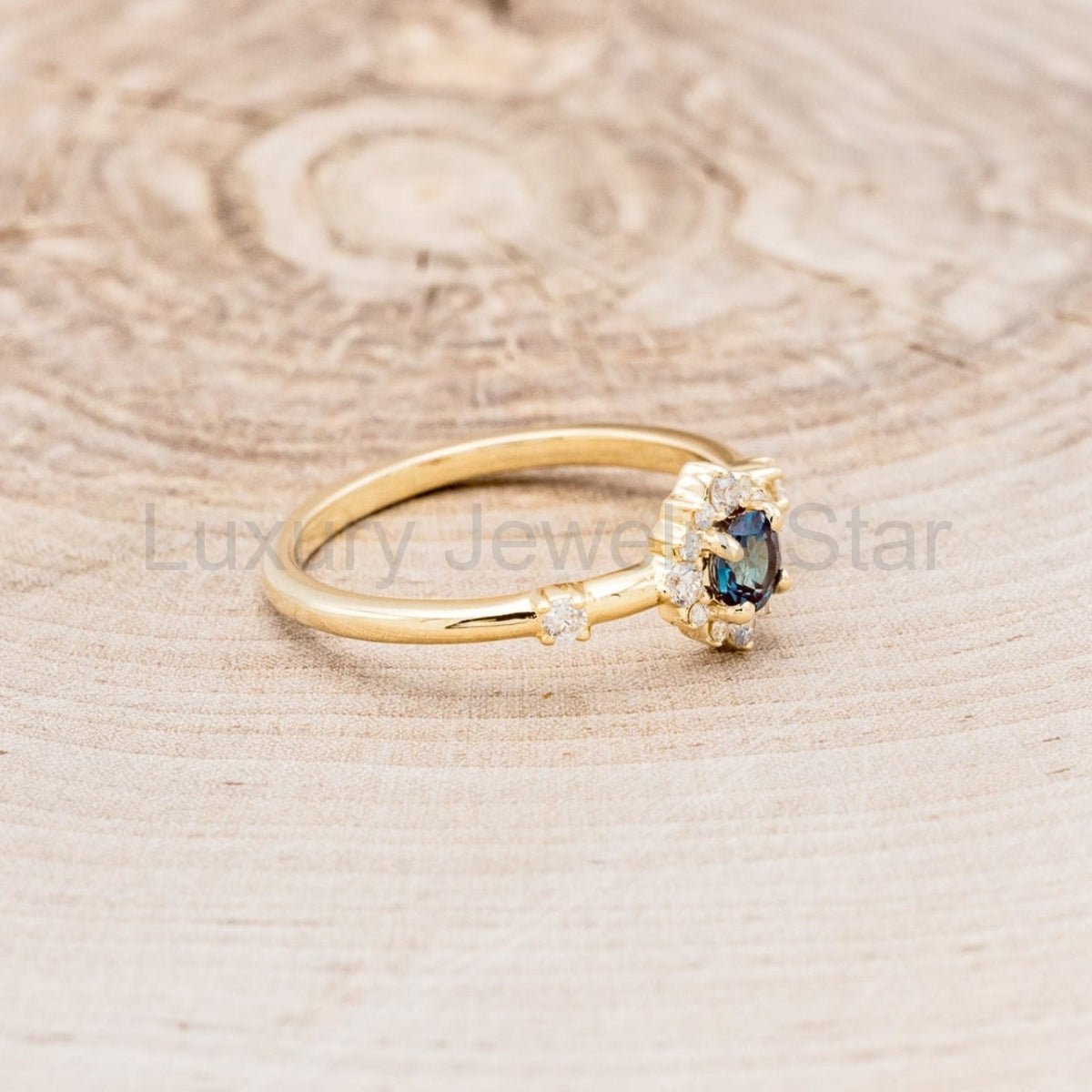 "Starla" - Round Cut Lab-Grown Alexandrite Engagement Ring With Starburst Diamond Halo - image 25