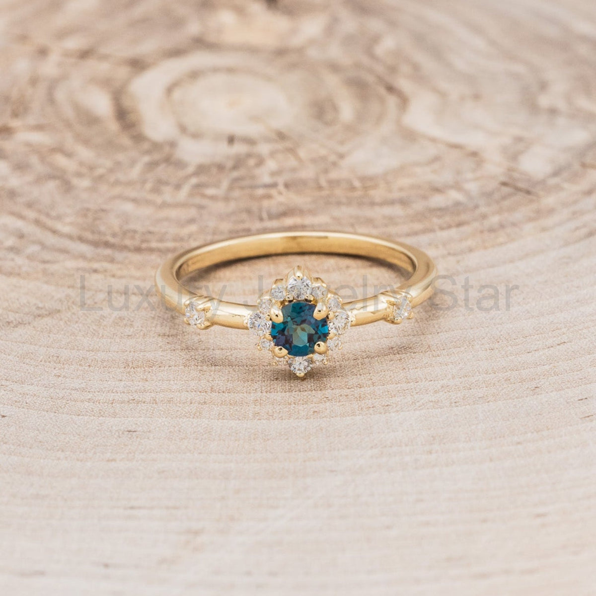 "Starla" - Round Cut Lab-Grown Alexandrite Engagement Ring With Starburst Diamond Halo - image 27